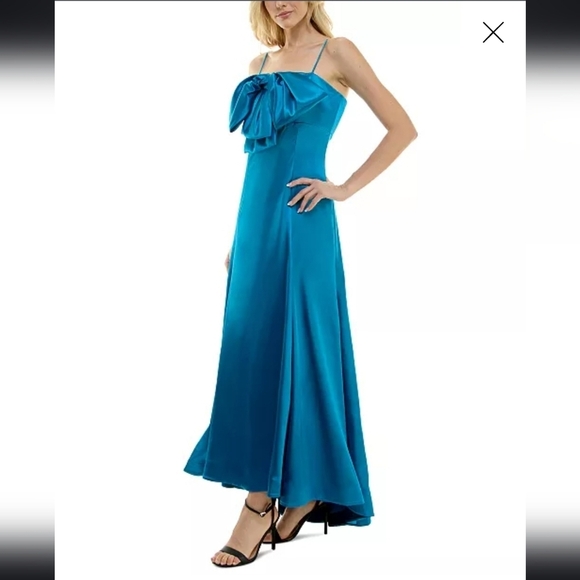 NWT Taylor Women's Exaggerated-Bow Satin-Stretch Dazzling Ocean Blue Gown - Picture 3 of 16